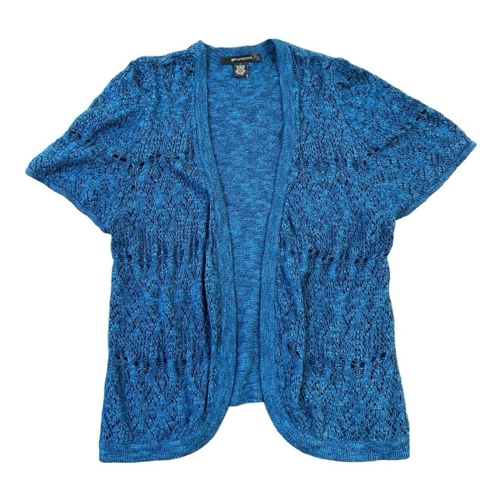 89th & Madison Boho Blue Crochet Short Sleeve Cardigan Sweater Size M Bolero